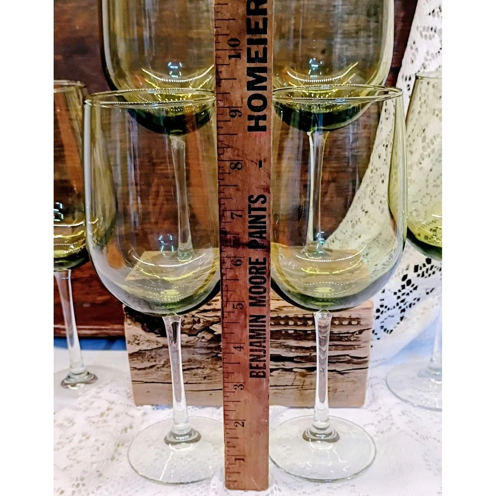 Set of 6 Olive Green Tinted Wine Glasses Long Stem Clear Base 9 Inch 2.75 Rim